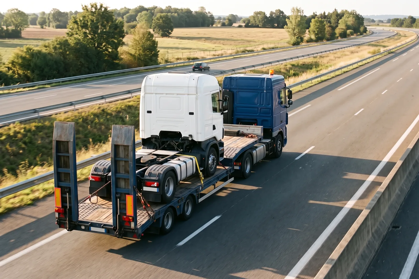 Porte-char surbaissé transportant sur autoroute un tracteur routier en panne arrimé par chaînes et sangles