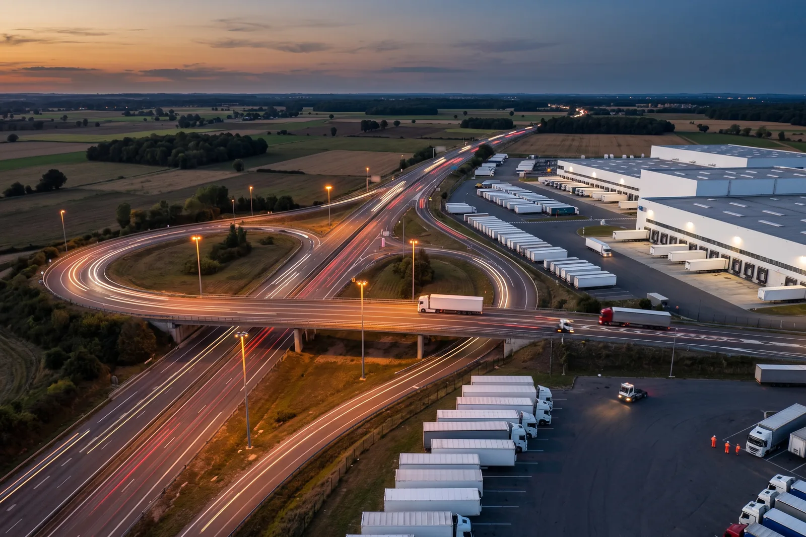Vue aérienne d'un échangeur autoroutier parcouru par des poids lourds, à côté d'une plateforme logistique
