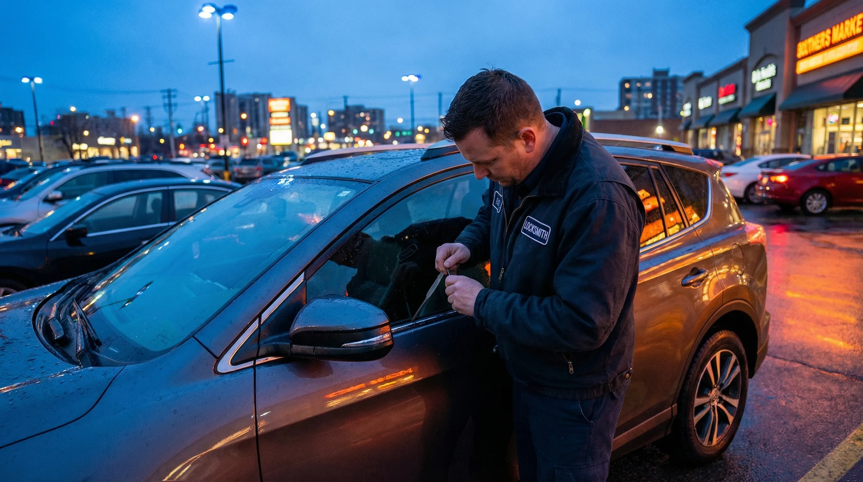 Serrurier automobile ouvrant une porte de voiture avec des outils professionnels non destructifs