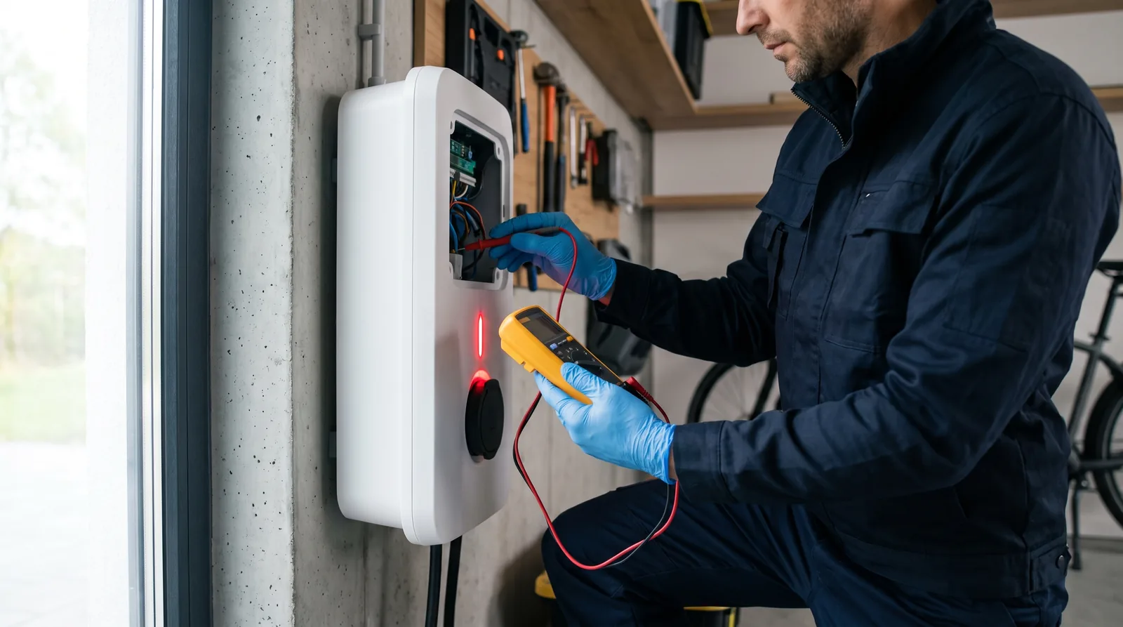 Diagnostic d'une borne de recharge au voyant rouge par un technicien IRVE au multimètre