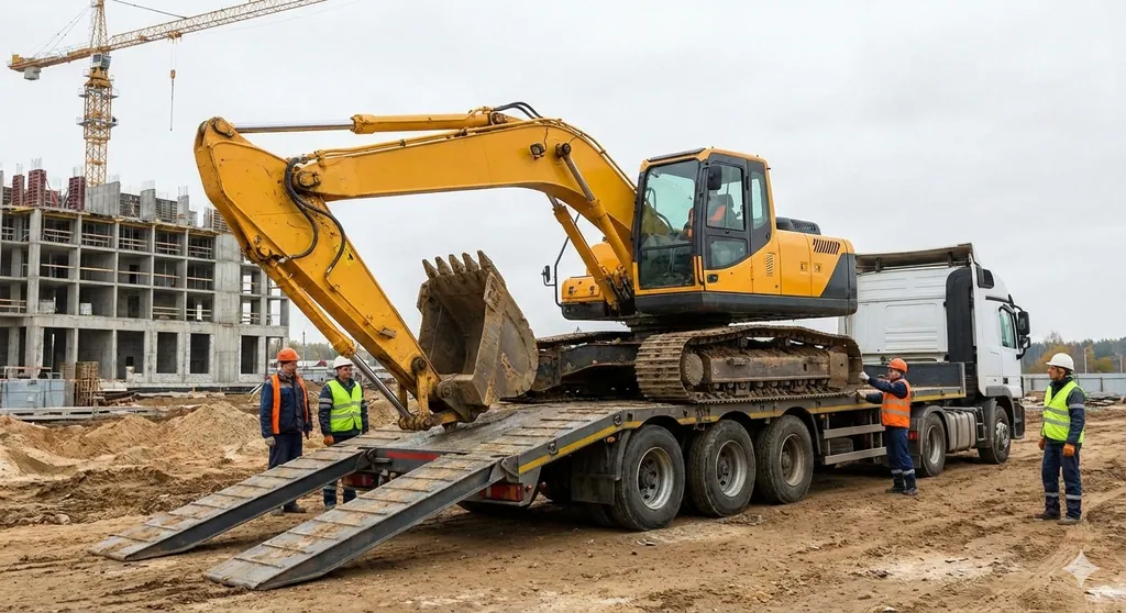 Transport d'engins de chantier sur porte-engin - pelleteuse, mini-pelle, nacelle