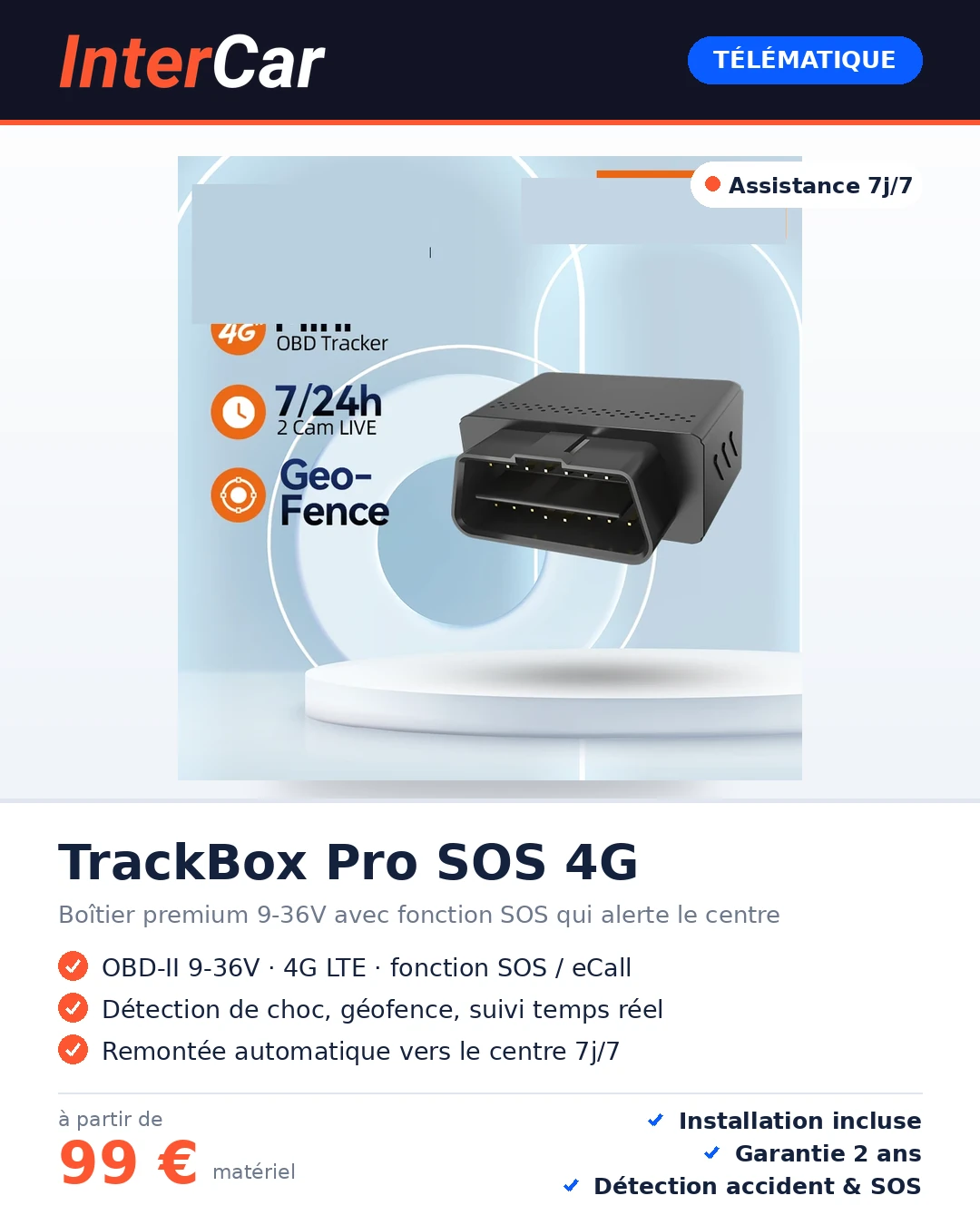 Boîtier diagnostic télématique OBD-II 4G InterCar Connect & Assist